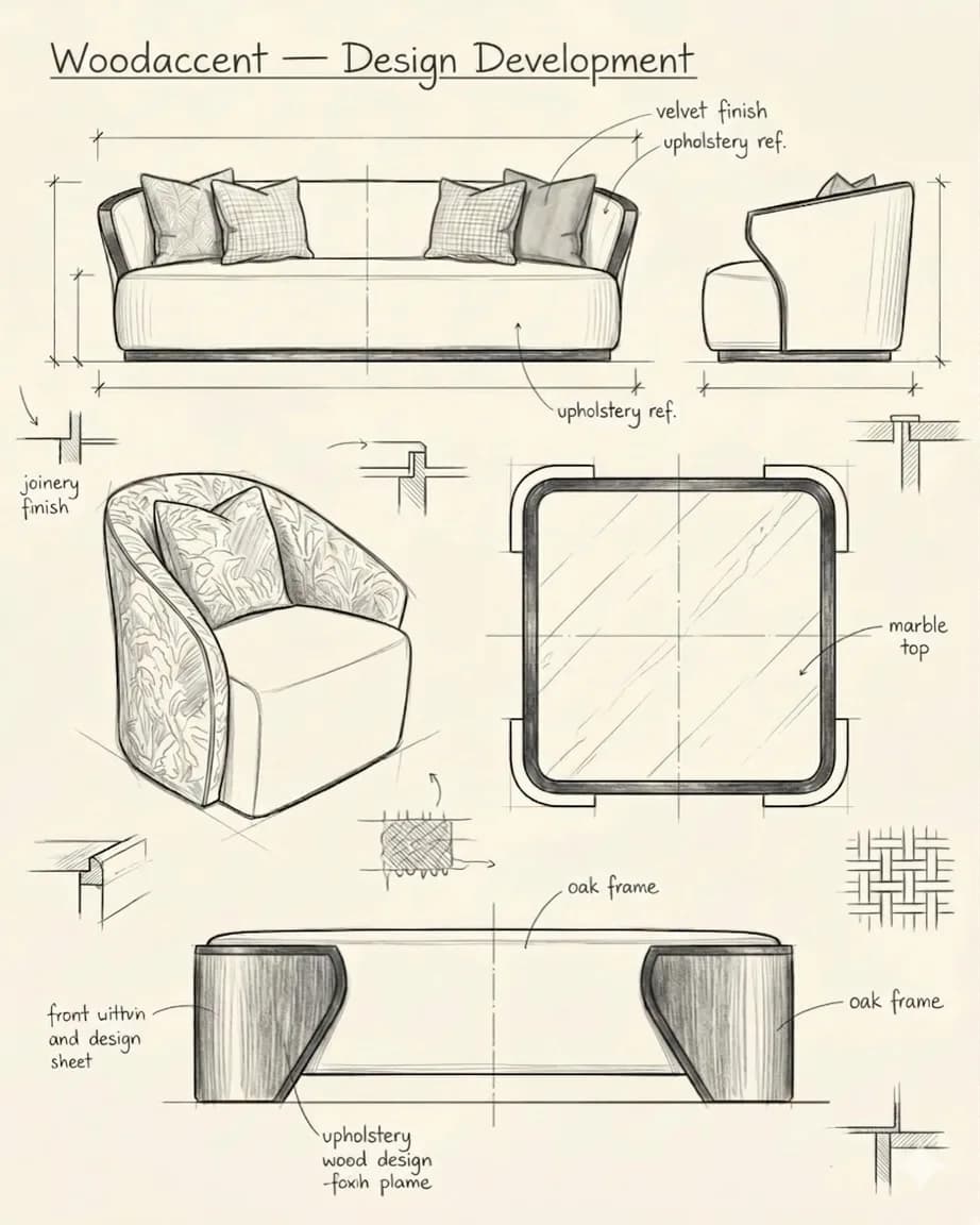 Pencil design development sheet showing sofa elevations, a tub chair and joinery details.